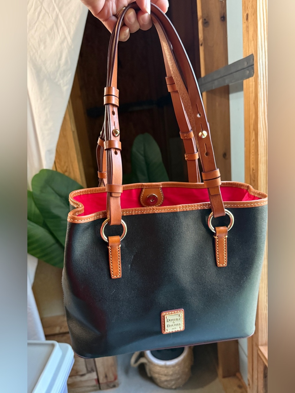 Dooney & Bourke Black Leather Tote with Tan Trim and Pink Lining